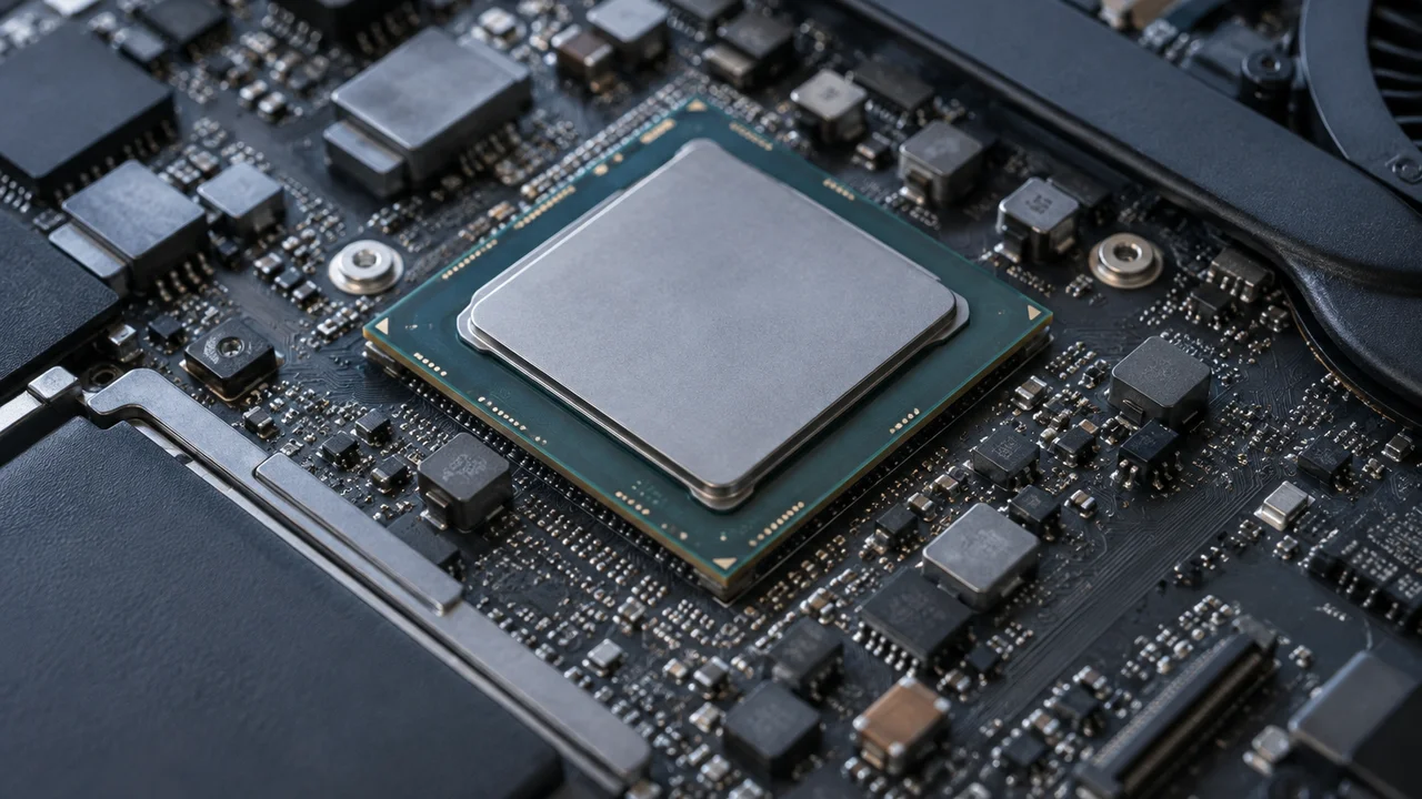 Close-up of a laptop motherboard with its processor chip