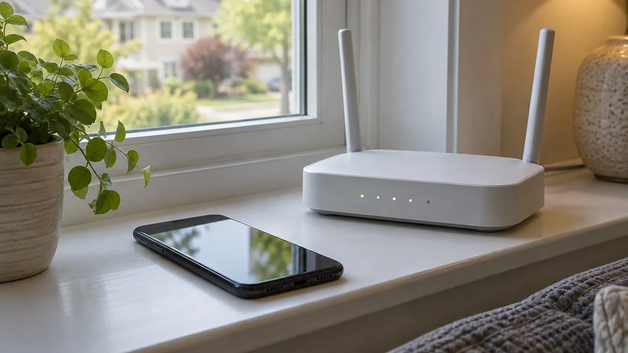 Smartphone on a windowsill next to a home Wi-Fi router
