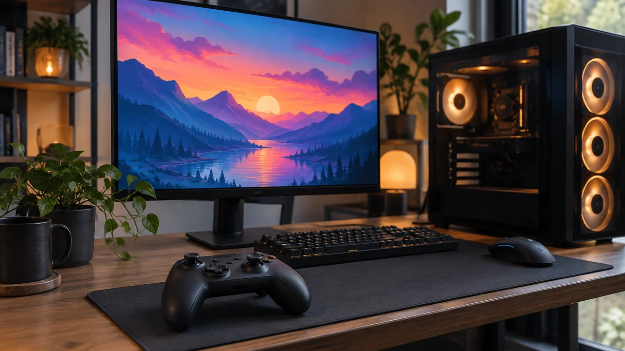 Gaming PC with a wireless controller in front of a monitor