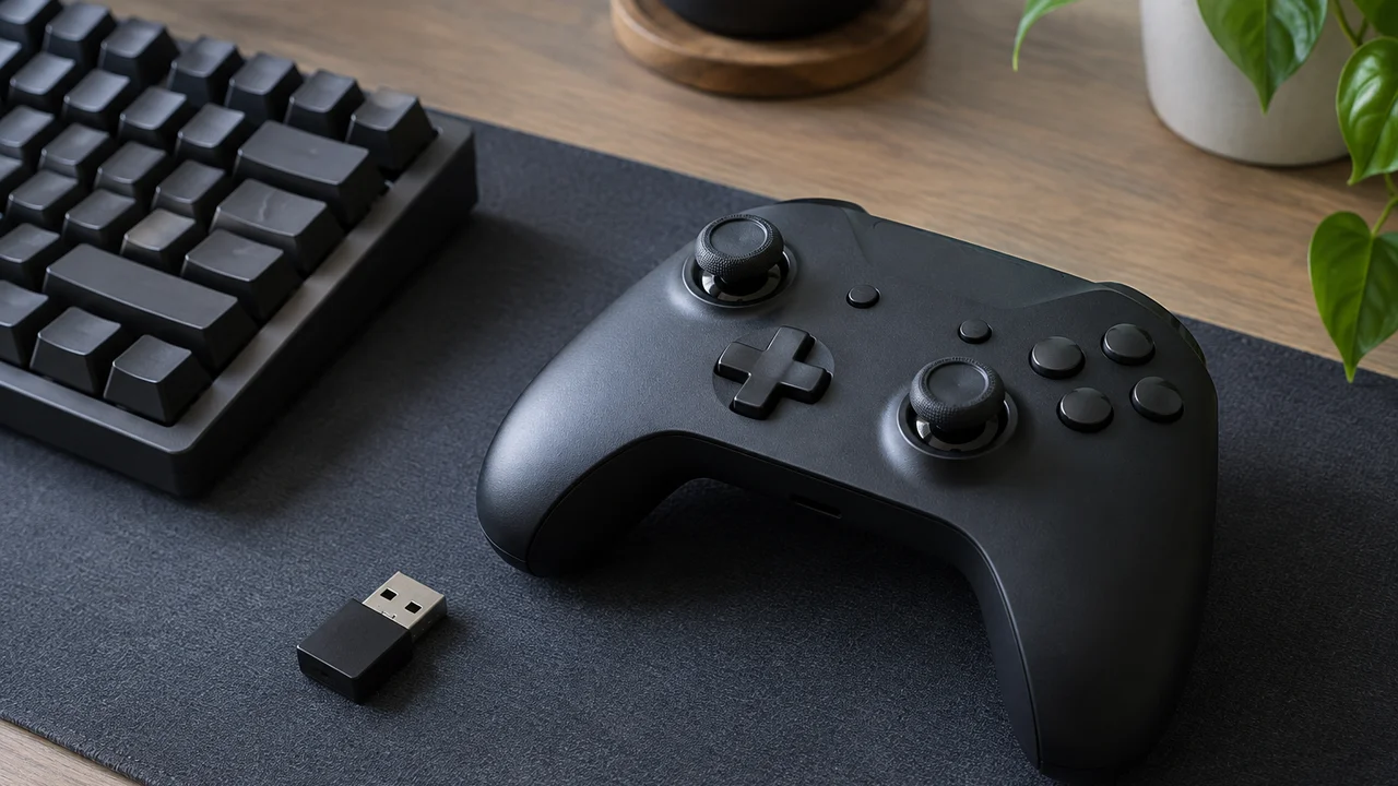 Wireless game controller and USB adapter beside a keyboard